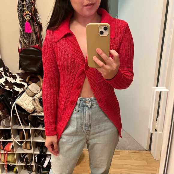 H&M Red Open Knit Cotton Blend Collared Button Down Long Cardigan size XS - Picture 4 of 13